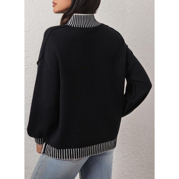 ✨Women's Black Fall Fashion Sweater Long Sleeve Striped Pullover Sweater Tops - Picture 6 of 7